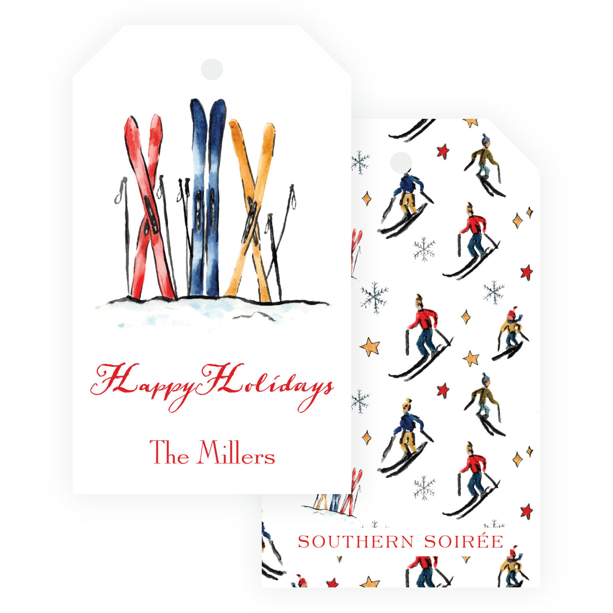 Alpine Holiday – Colorful Skis Vertical Personalized Christmas Gift Tags