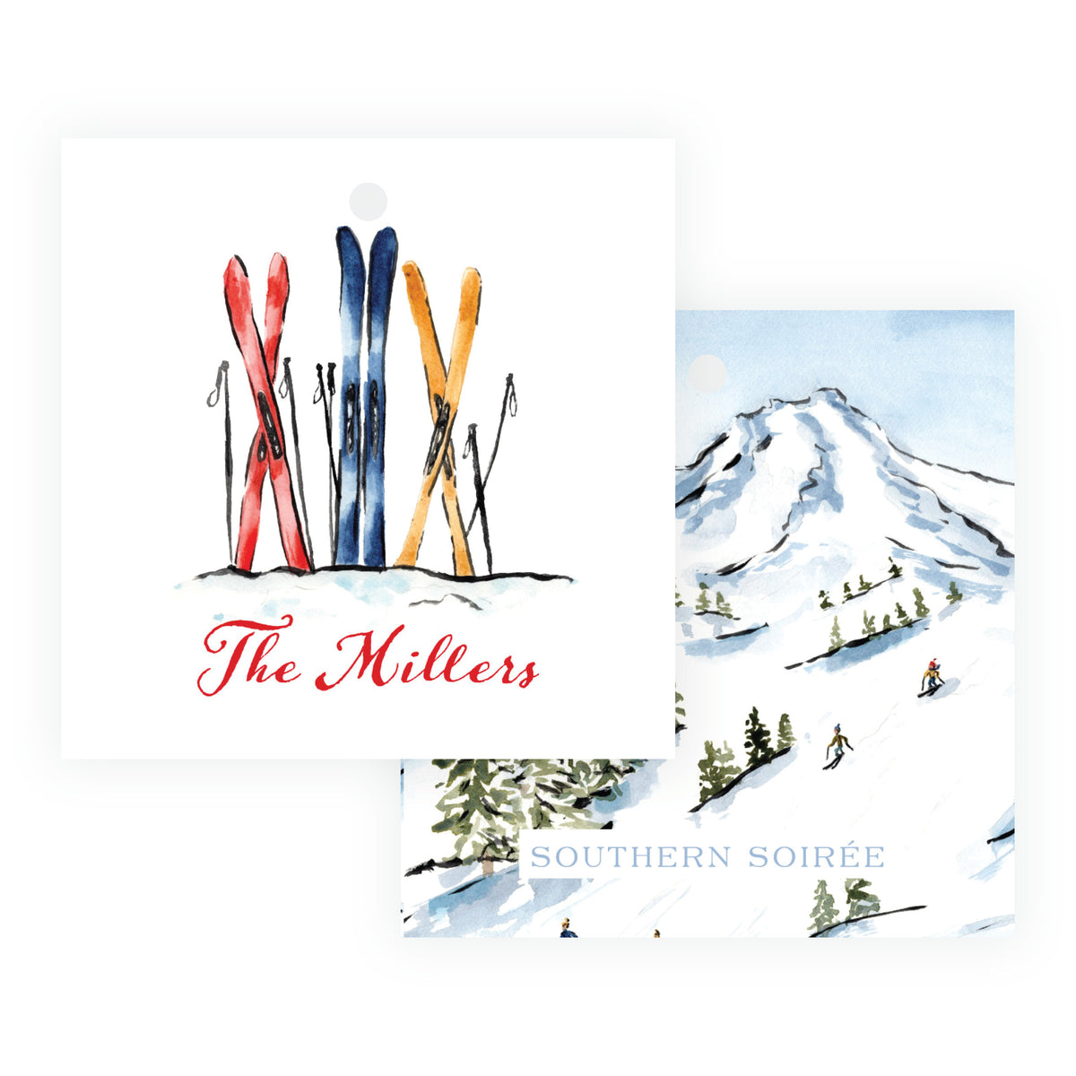Alpine Holiday personalized Christmas gift tag with colorful watercolor skis and snowy mountain back