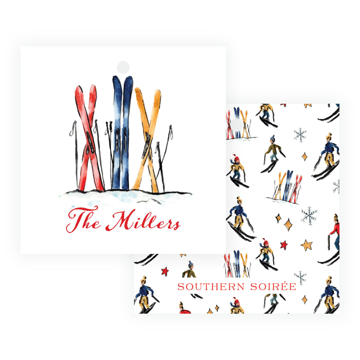 Colorful watercolor skis personalized Christmas gift tag with ski pattern back