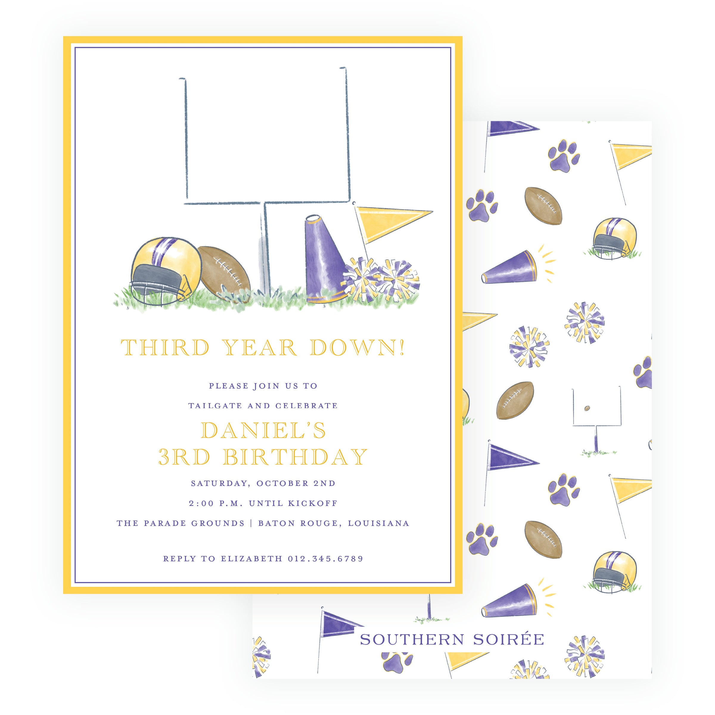 Purple and gold football birthday invitation with helmet, football, goalpost, megaphone, pom-poms and spirit flag
