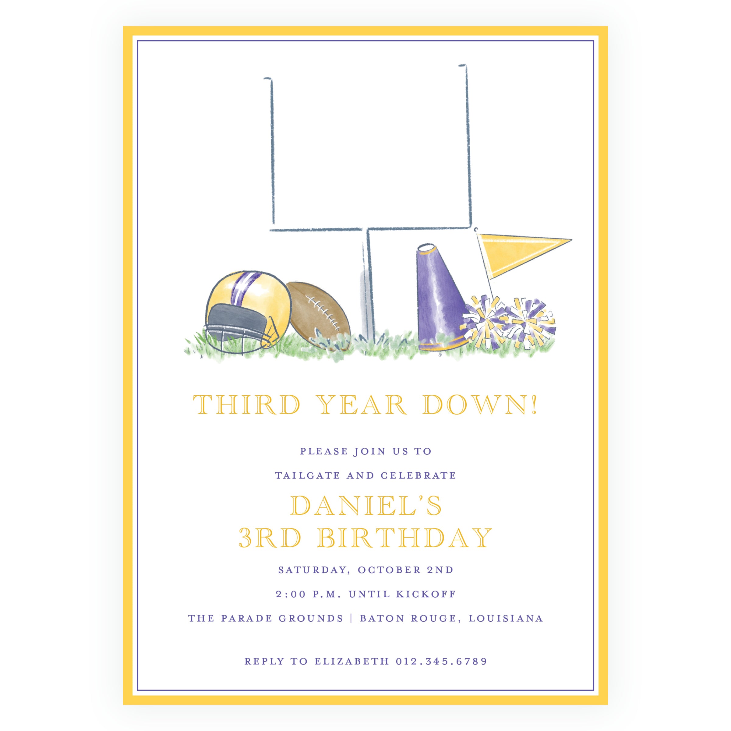 Purple and Gold Football Equipment Birthday Invitation -Team Spirit