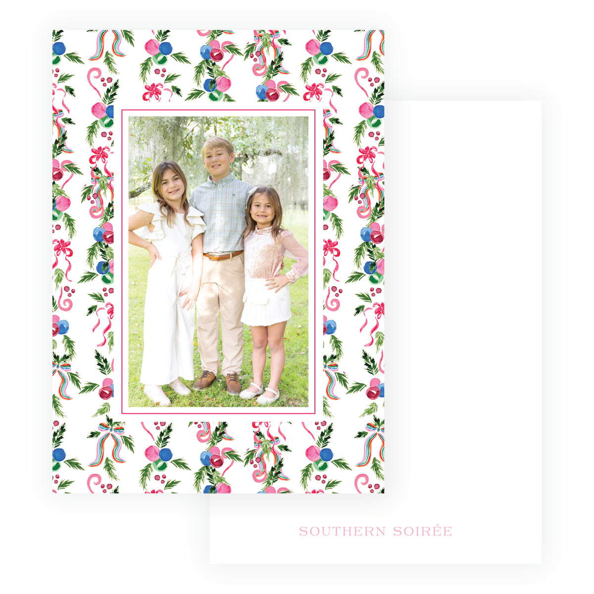 Southern Soirée watercolor Christmas card with colorful holiday trimmings