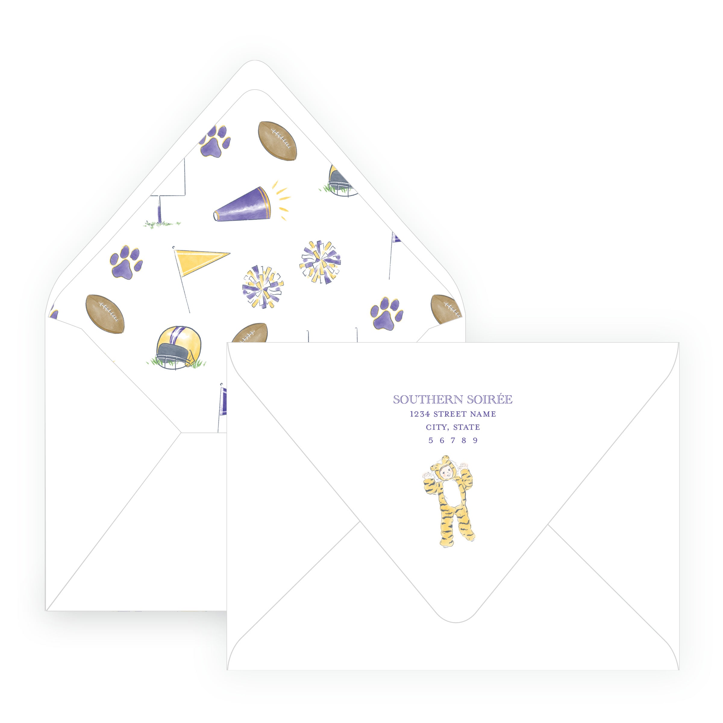 Purple & Gold Team Spirit Tiger Mascot Note Cards