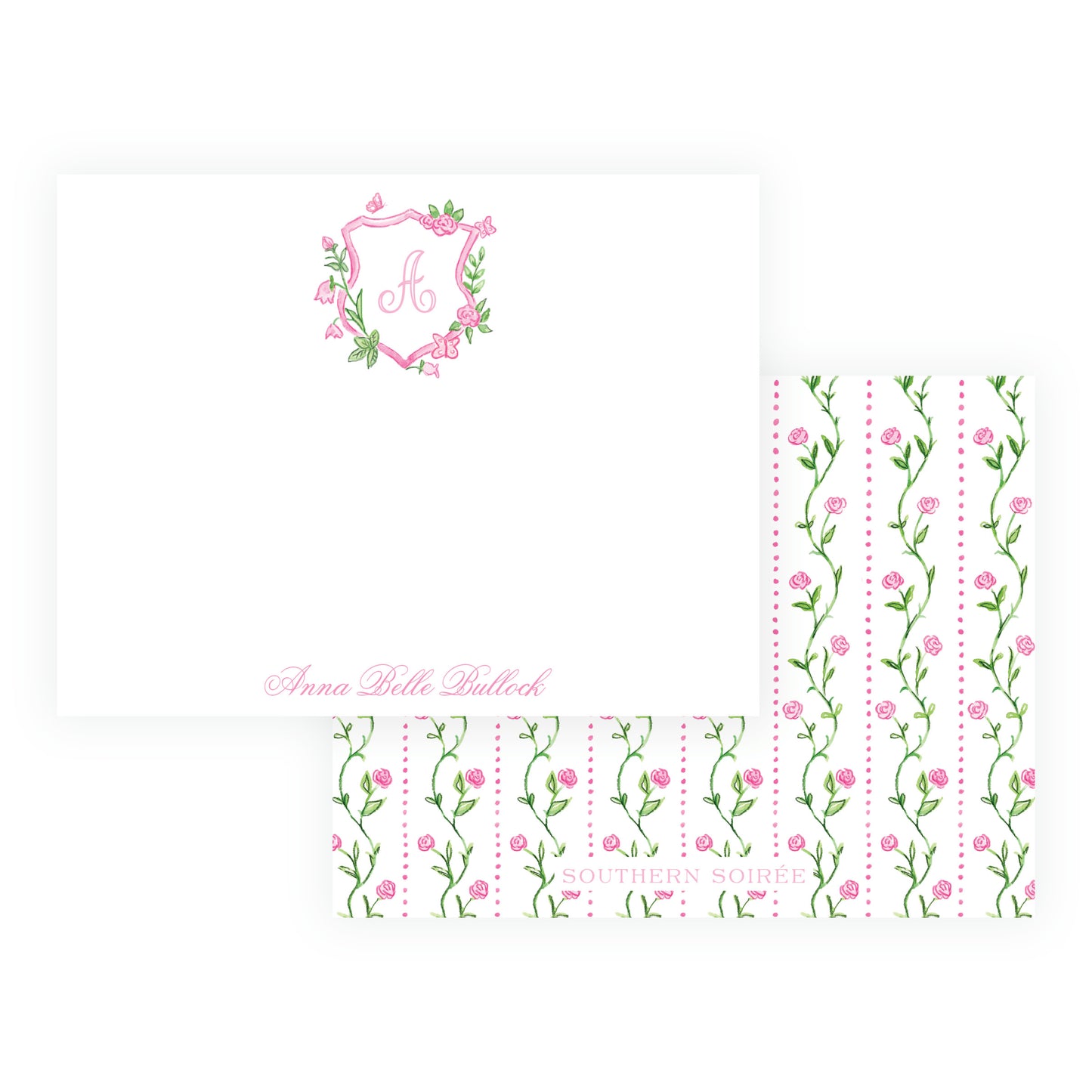 Personalized Tiny Petals watercolor floral crest note cards