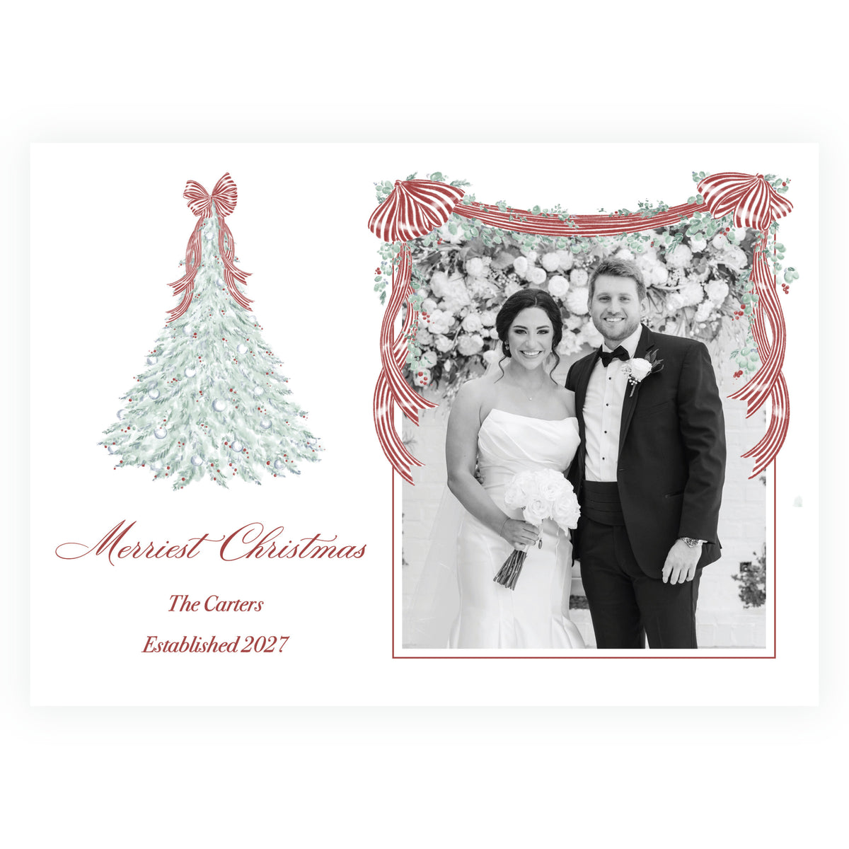 Elegant holiday photo card with watercolor Christmas tree, ornaments and red berries