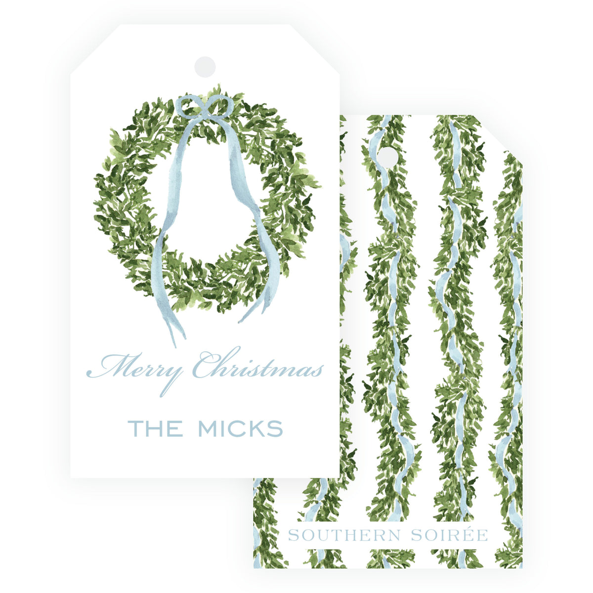 Blue personalized vertical Christmas gift tag with watercolor wreath, blue ribbon bow, and family name.