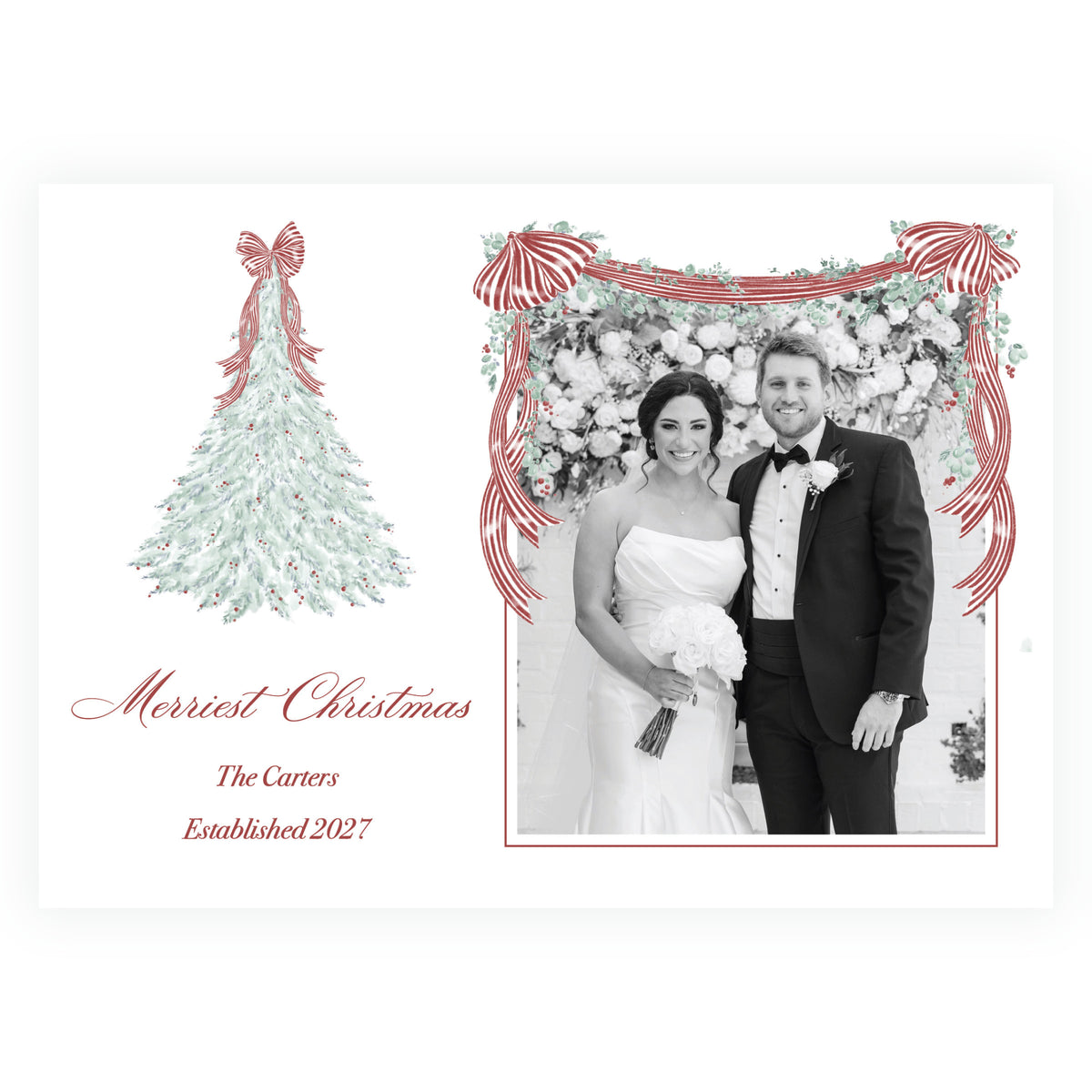 Personalized Christmas photo card with red berry tree, greenery and family photo