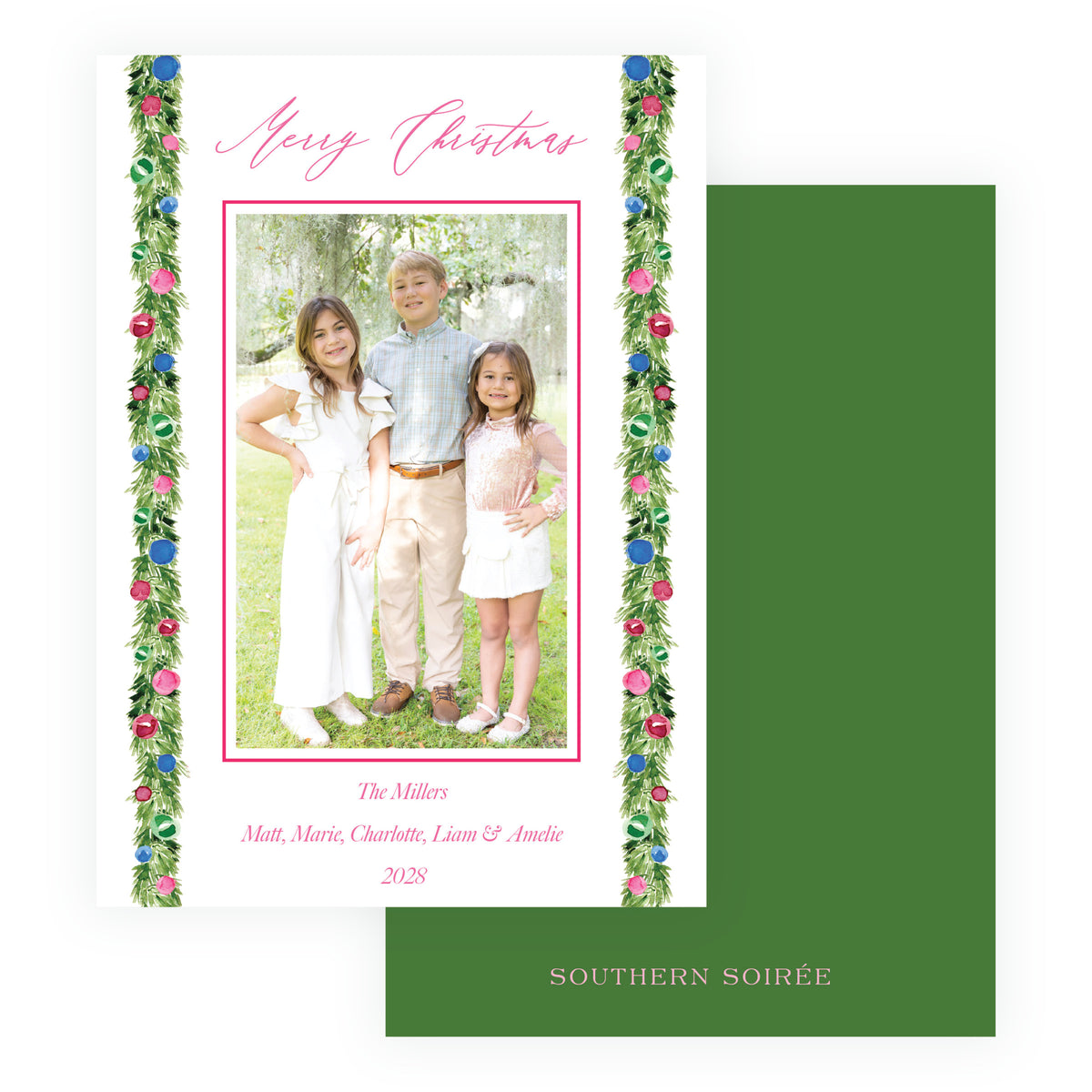 Classic family Christmas card with watercolor greenery garland border