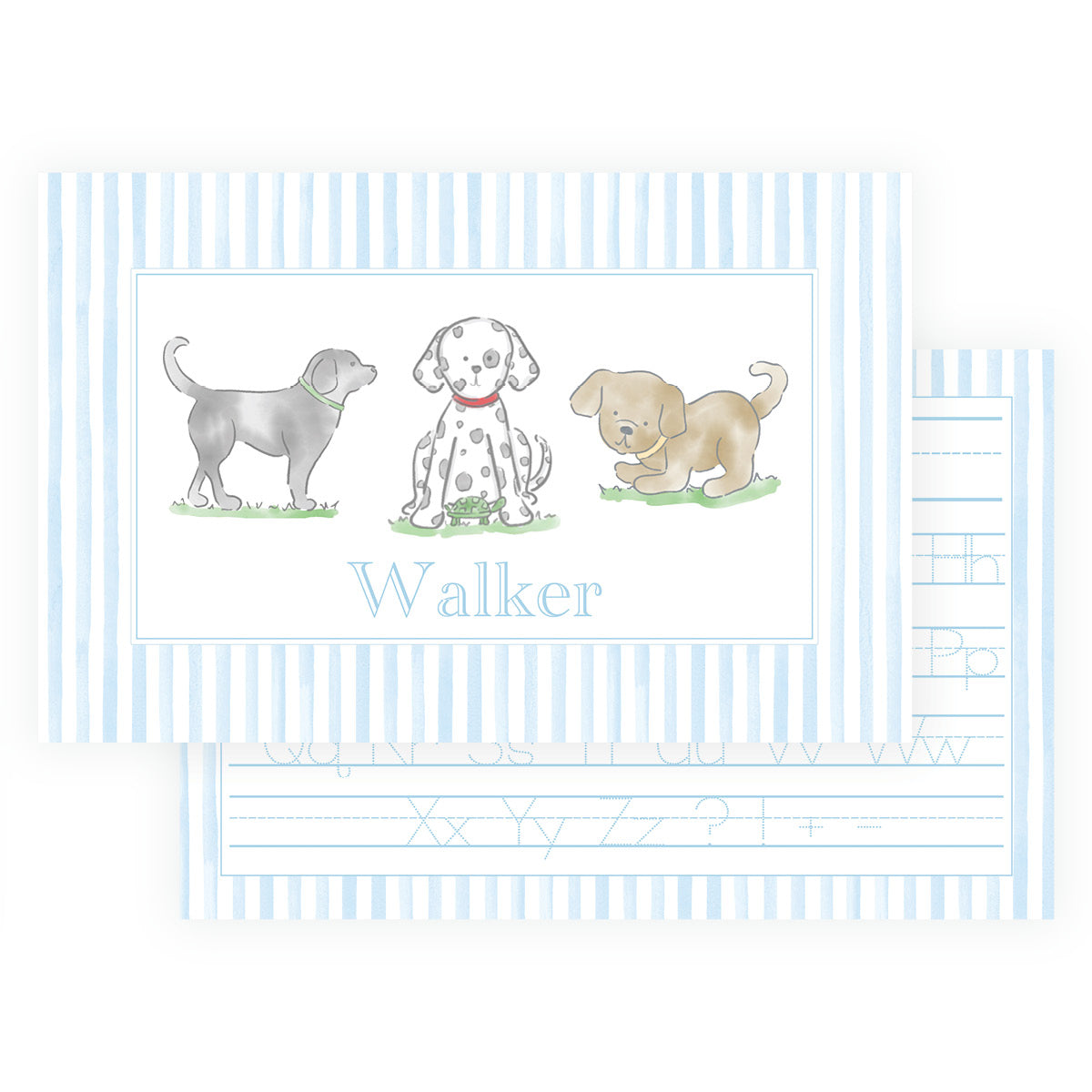 Personalized laminated kids placemat with watercolor puppy dogs, blue stripes and child’s name