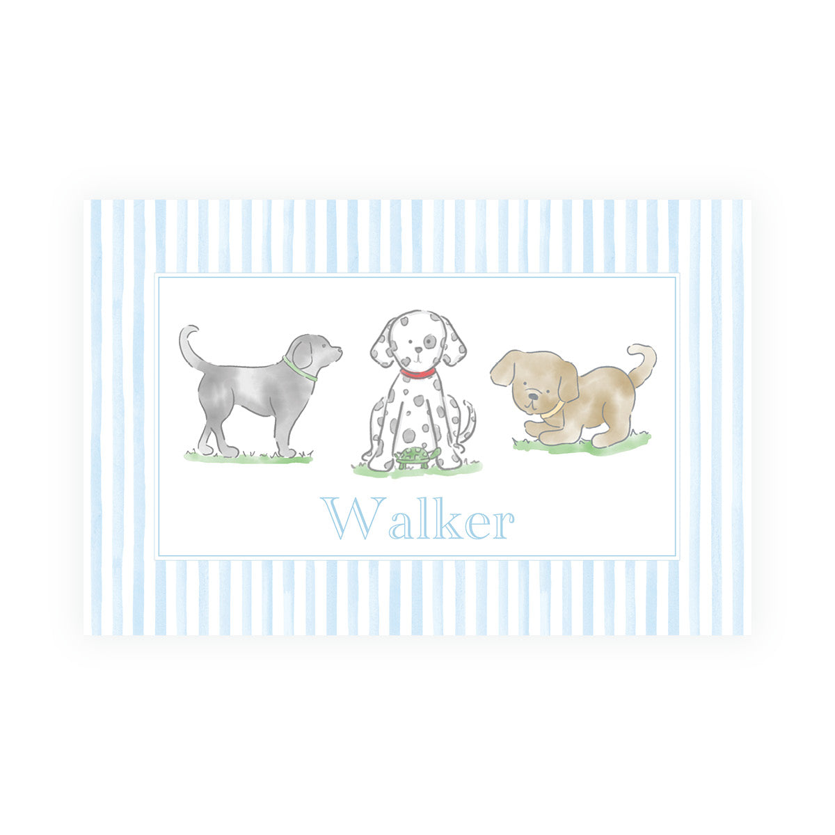 Personalized laminated kids placemat with watercolor puppy dogs, blue stripes and child’s name