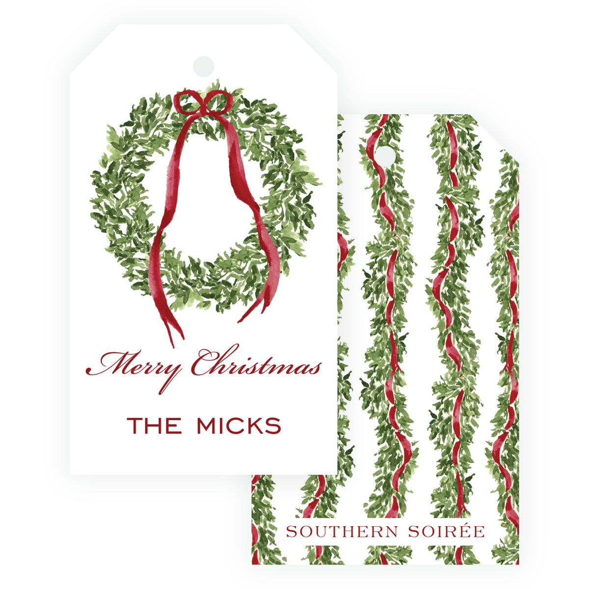 Decked in Bows Burgundy Wreath Personalized Christmas Gift Tag
