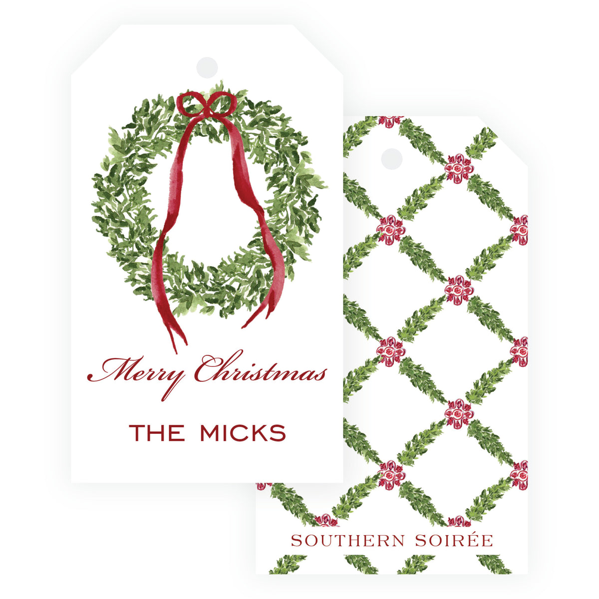Decked in Bows Burgundy Wreath Personalized Christmas Gift Tag