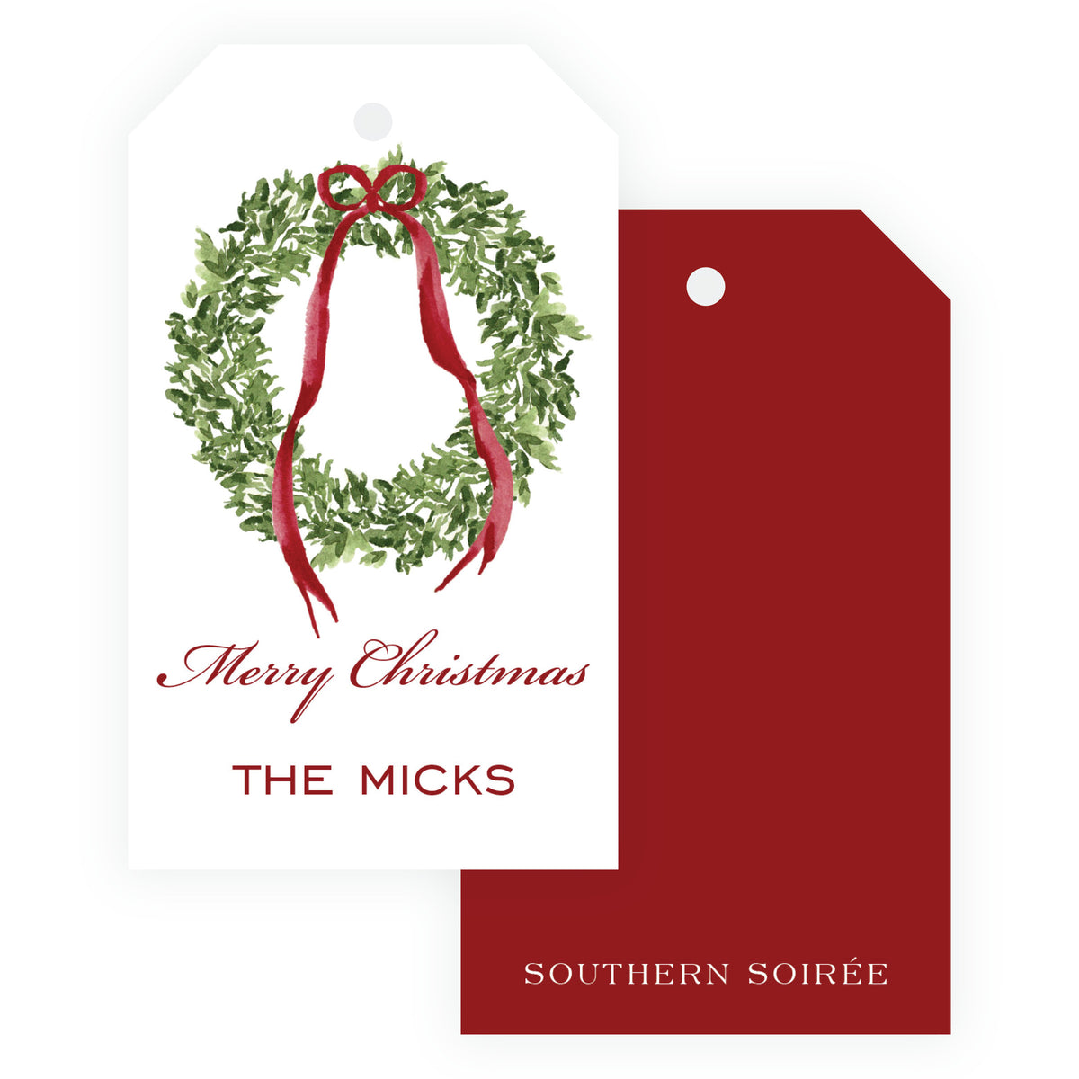 Burgundy personalized vertical Christmas gift tag with watercolor wreath, burgundy ribbon bow, and family name.