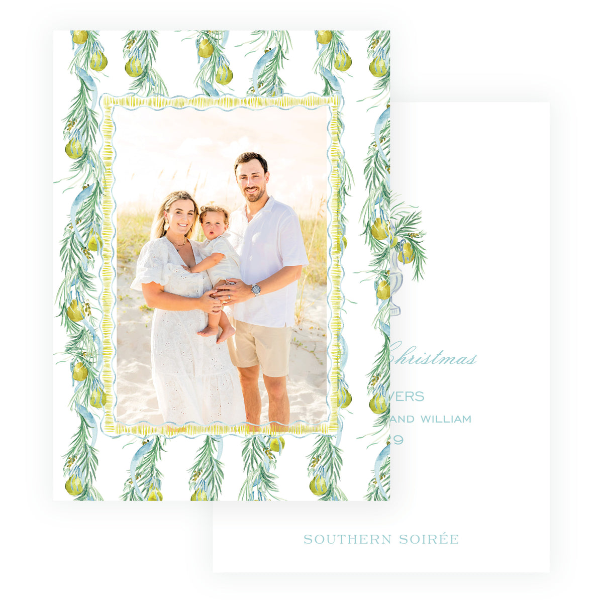 Evergreen and Pear pattern personalized Christmas photo card