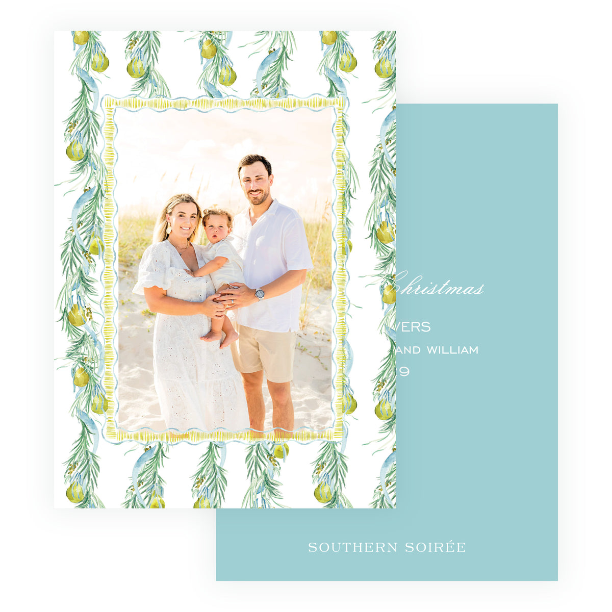 Blue ribbon and pear pattern personalized family Christmas card with a blue green back with your personalized greeting