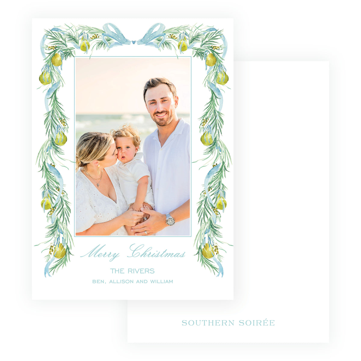 Elegant blue and green personalized family holiday card