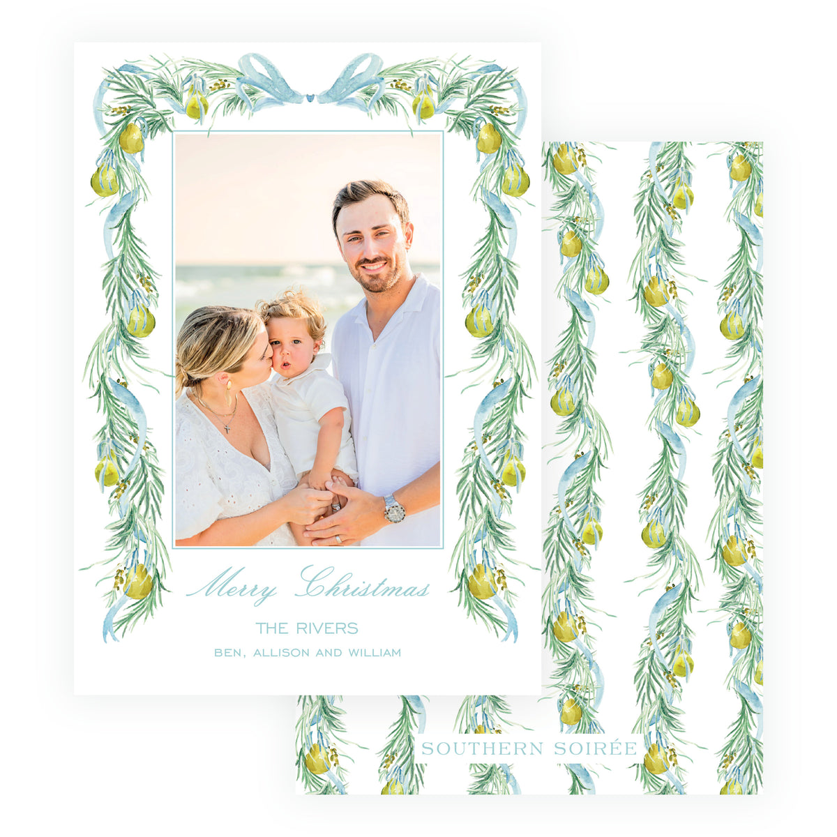 Personalized family Christmas card with blue ribbon and pear garland