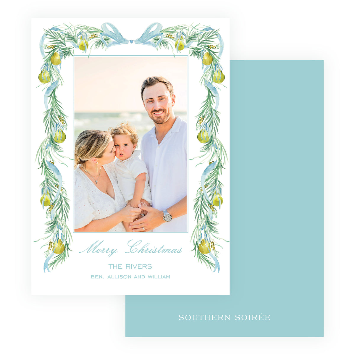 Evergreen and Pear bow personalized Christmas photo card