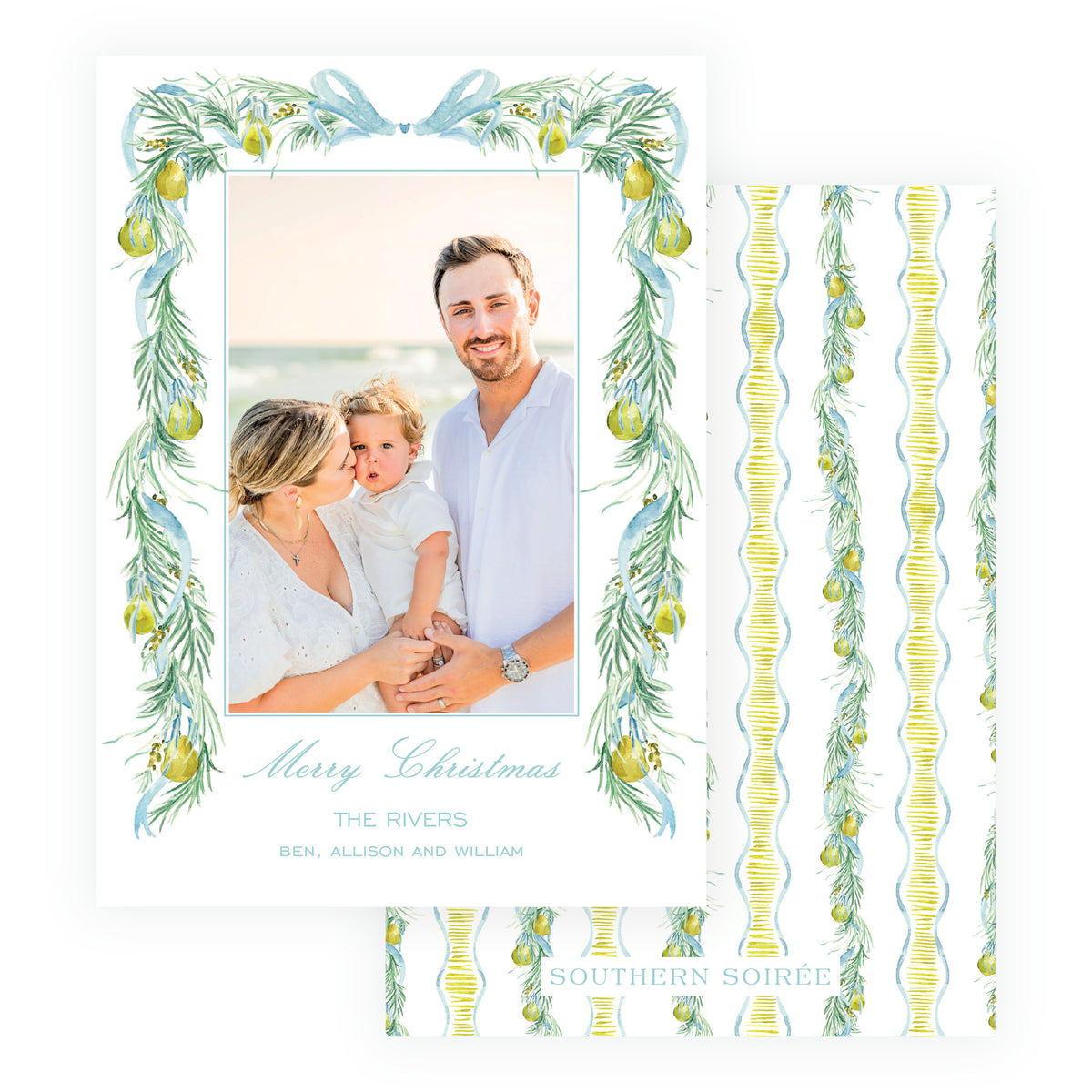 A personalized Christmas greeting card. The card features a white background with a watercolor green pine garland decorated with yellow ornaments and a blue bow, framing a photo of a family.