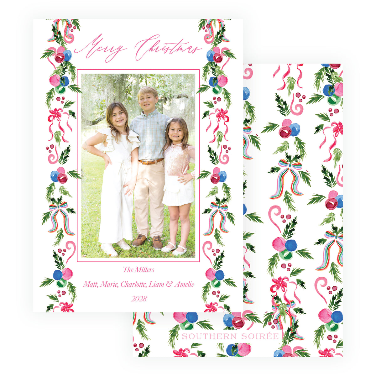 Festive Garland Trim personalized Christmas photo card with watercolor greenery and colorful bows