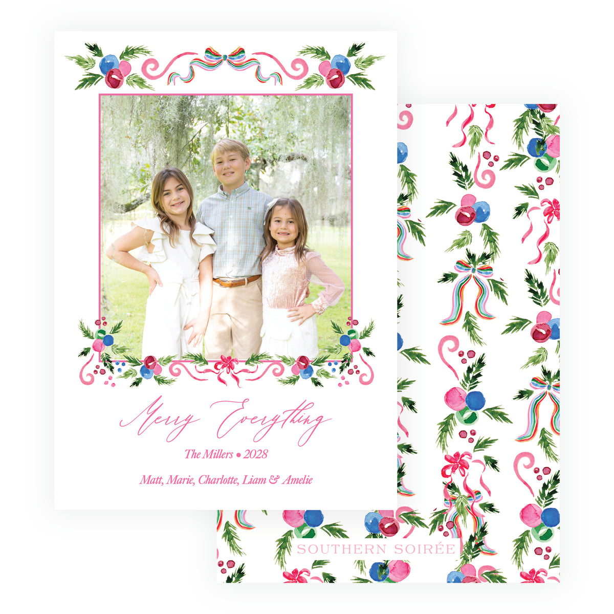 Merry Frame holiday photo card from the Tied with Cheer Collection with coordinating watercolor back