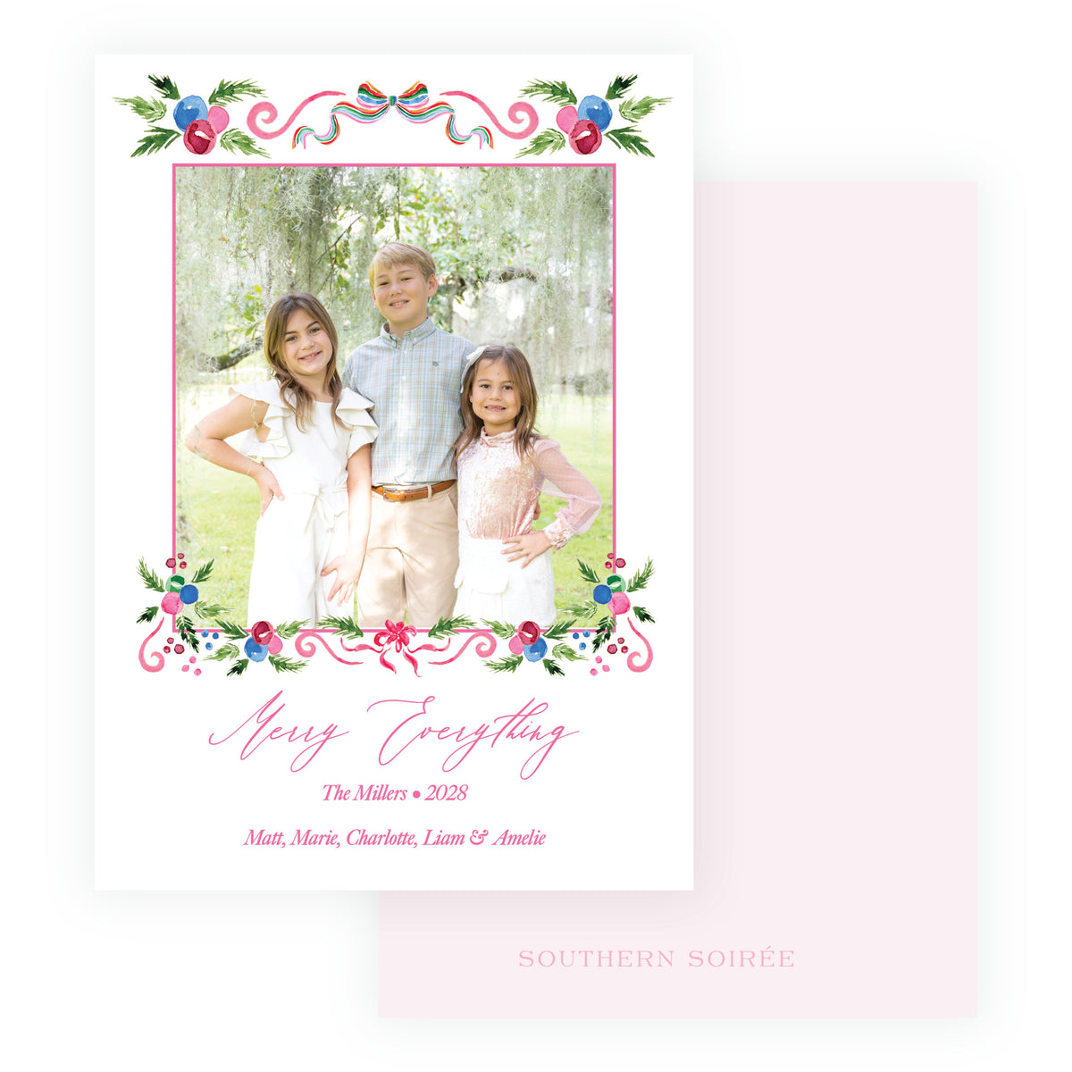 Colorful personalized family Christmas card with Merry Everything greeting