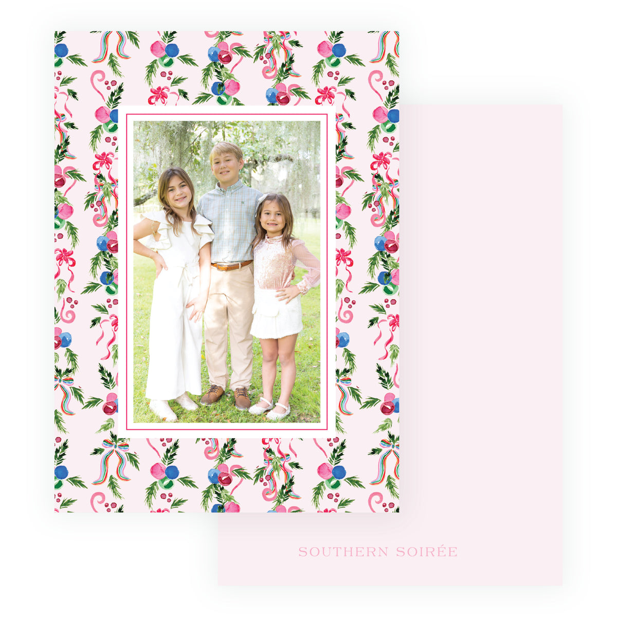 Pink family Christmas photo card with watercolor greenery bows and ornaments