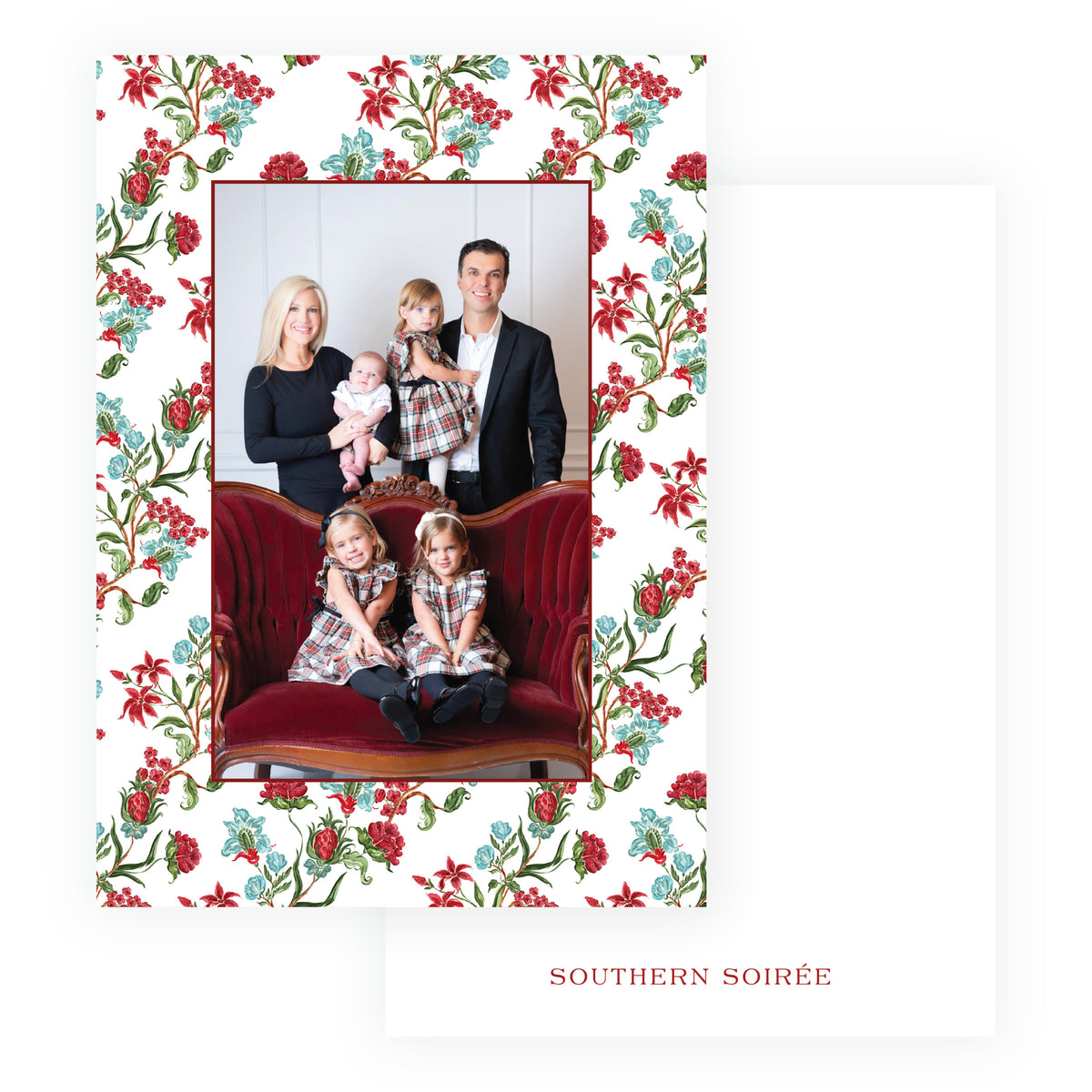 Personalized family Christmas card with red blue and green floral pattern