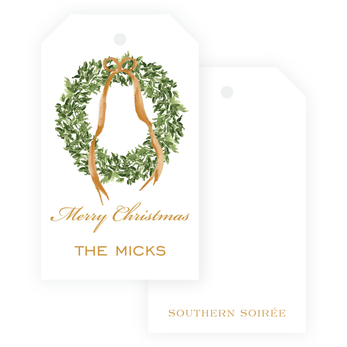 Decked in Bows Gold Wreath Personalized Christmas Gift Tag