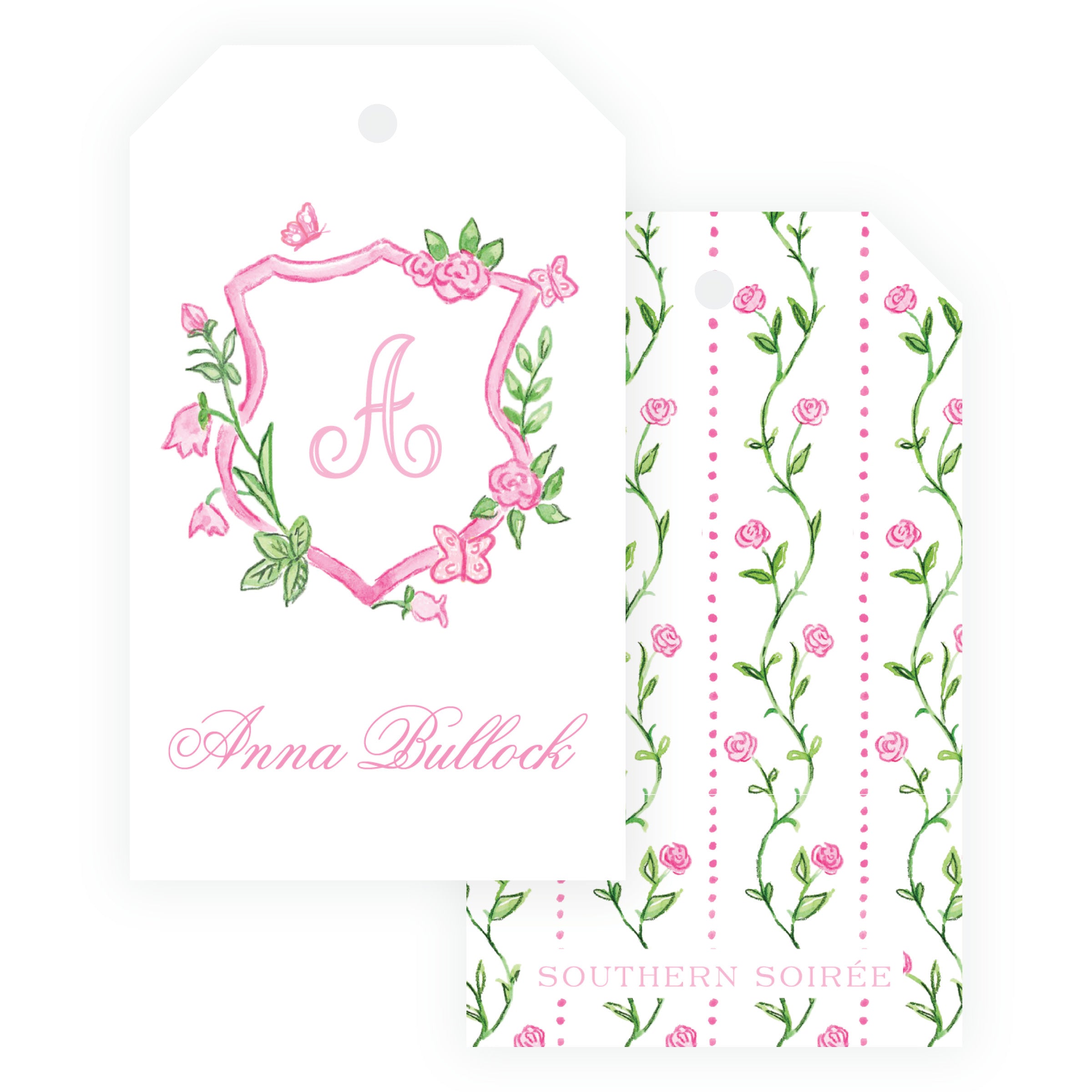 Personalized Tiny Petals floral crest hanging gift tag
