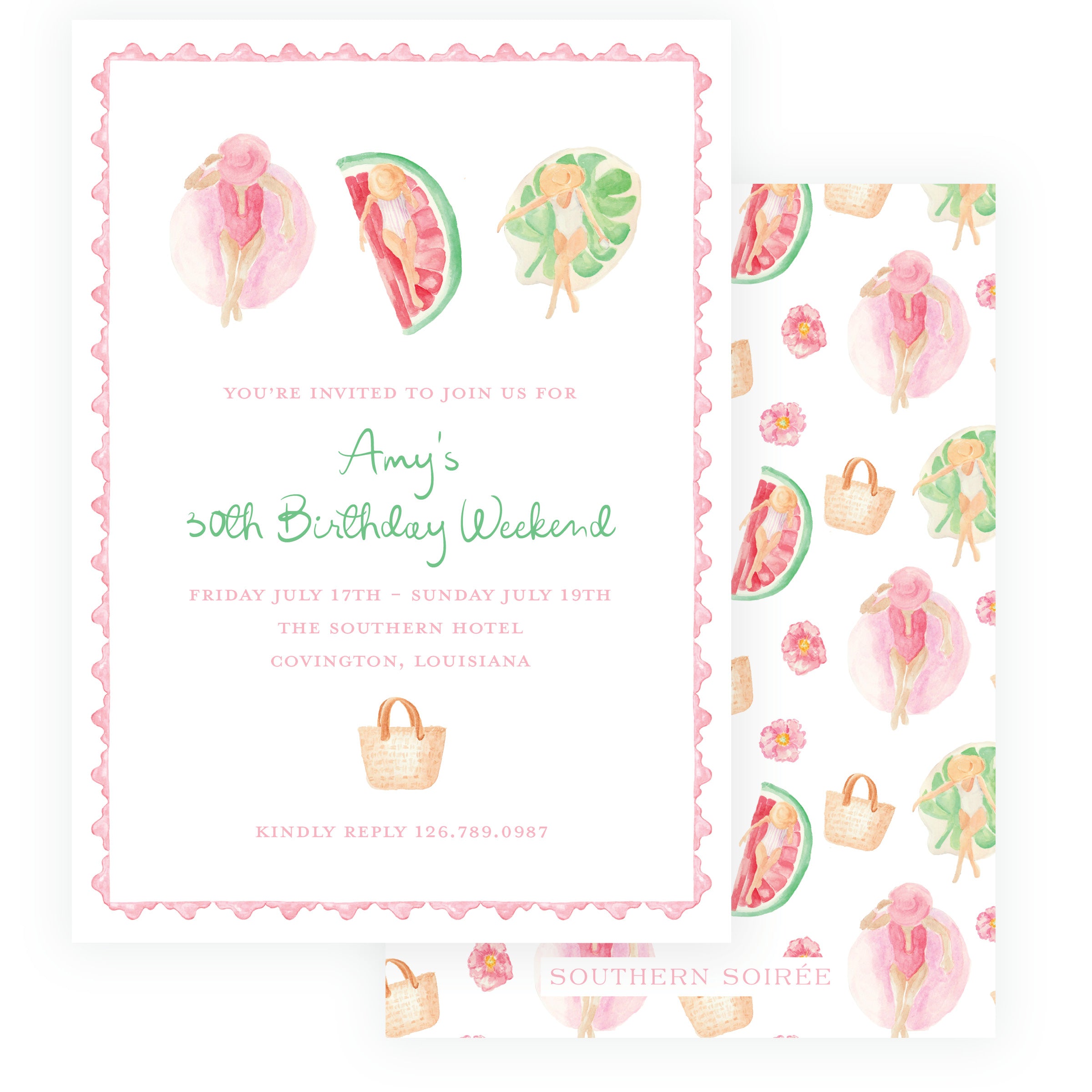 Birthday invitation card with watermelon, palm leaves, and a beach bag design.

watercolor birthday weekend invitation poolside girls citrus floats birthday girls trip invite beach getaway invitation