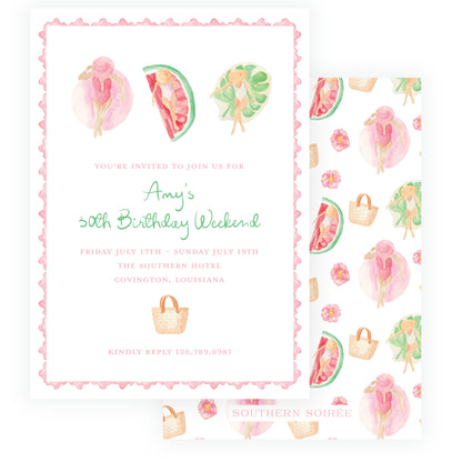 Birthday invitation card with watermelon, palm leaves, and a beach bag design.

watercolor birthday weekend invitation poolside girls citrus floats birthday girls trip invite beach getaway invitation