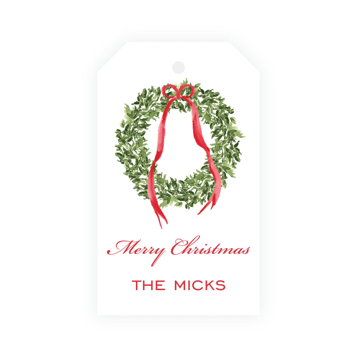 Red personalized vertical Christmas gift tag with watercolor wreath, red ribbon bow, and family name.