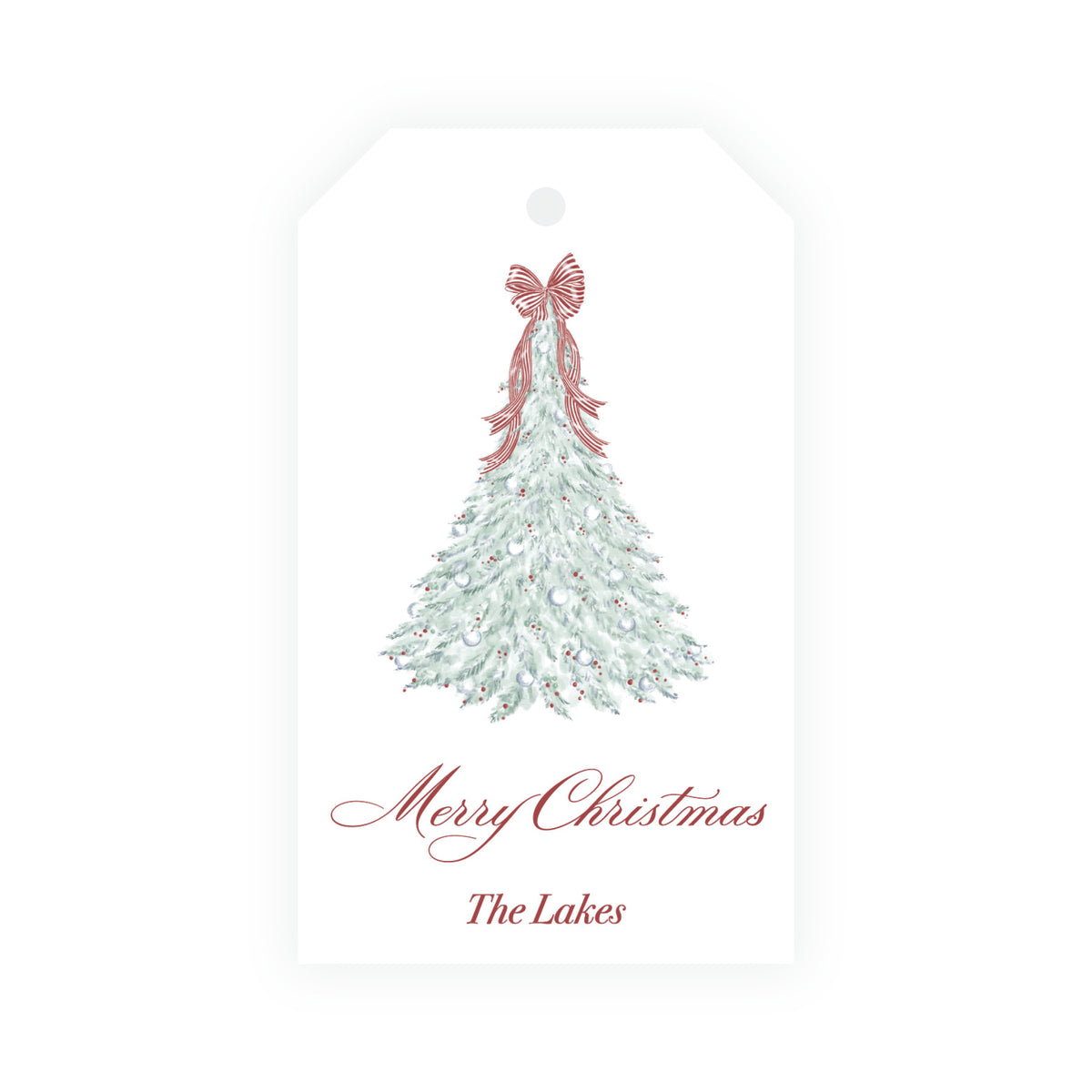 Personalized Yuletide Swans Christmas gift tag with ornament and berry tree