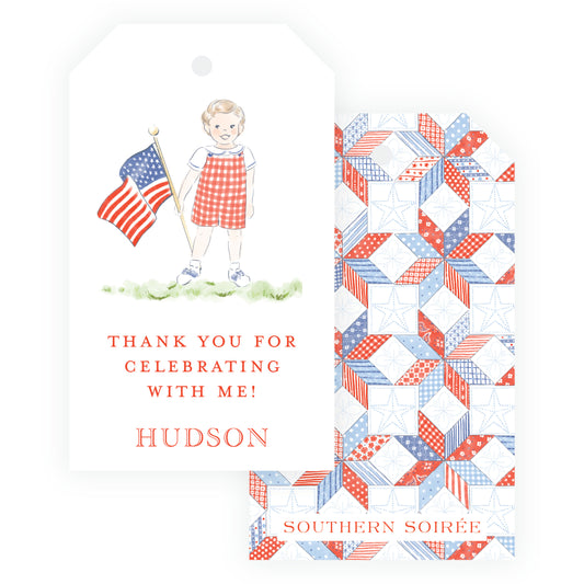 Sweet Liberty Boy with Big Flag Gift Tag Vertical [2.375x4]