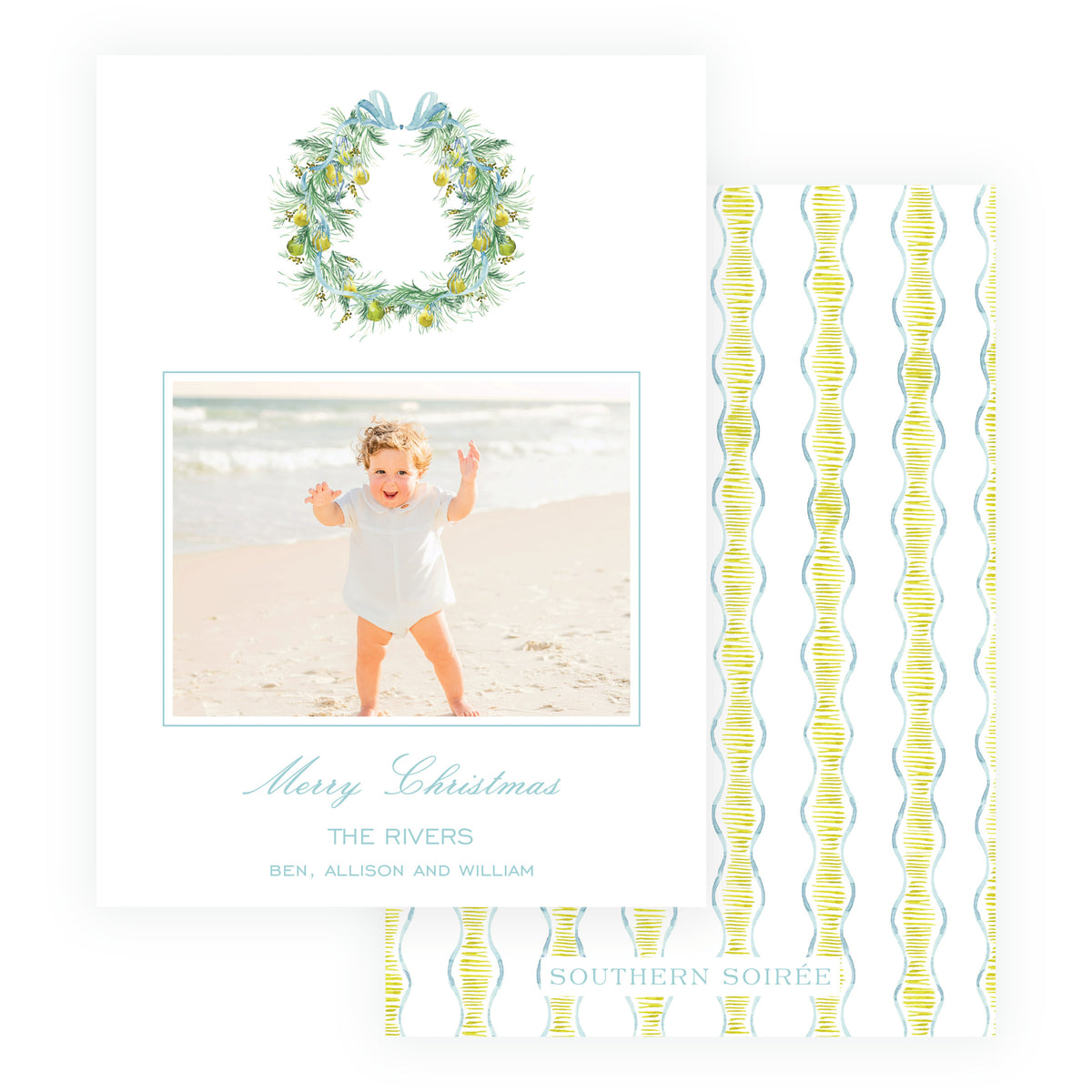 Personalized Christmas photo card with watercolor pear wreath