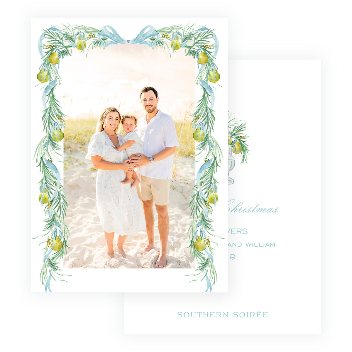 Evergreen and Pear full frame personalized Christmas photo card