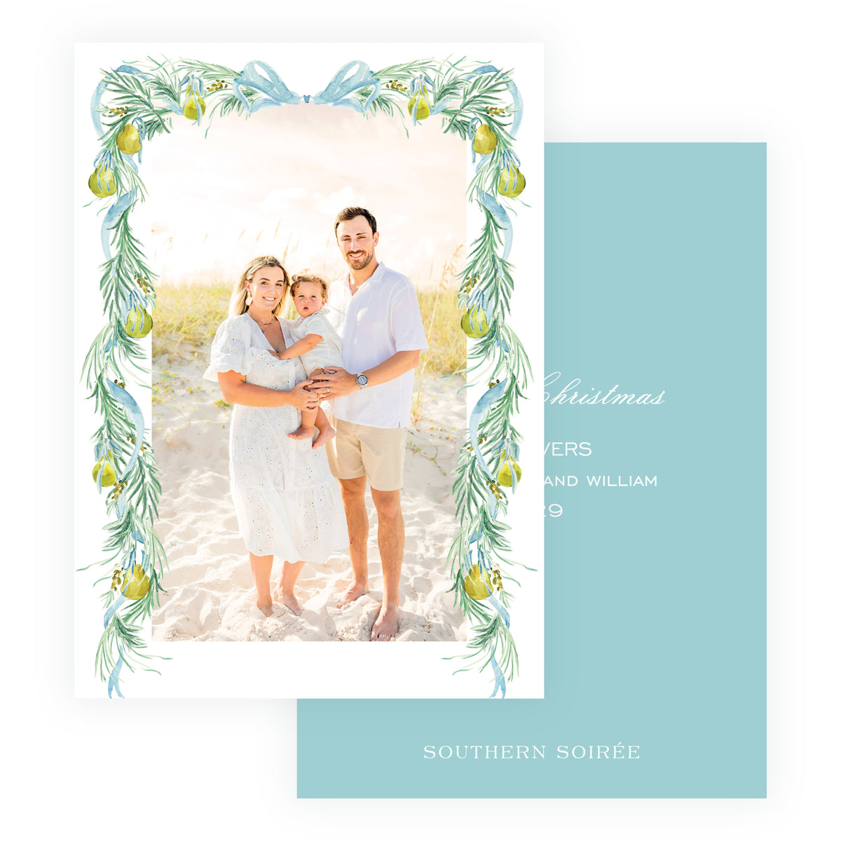 Watercolor evergreen full frame personalized family Christmas card