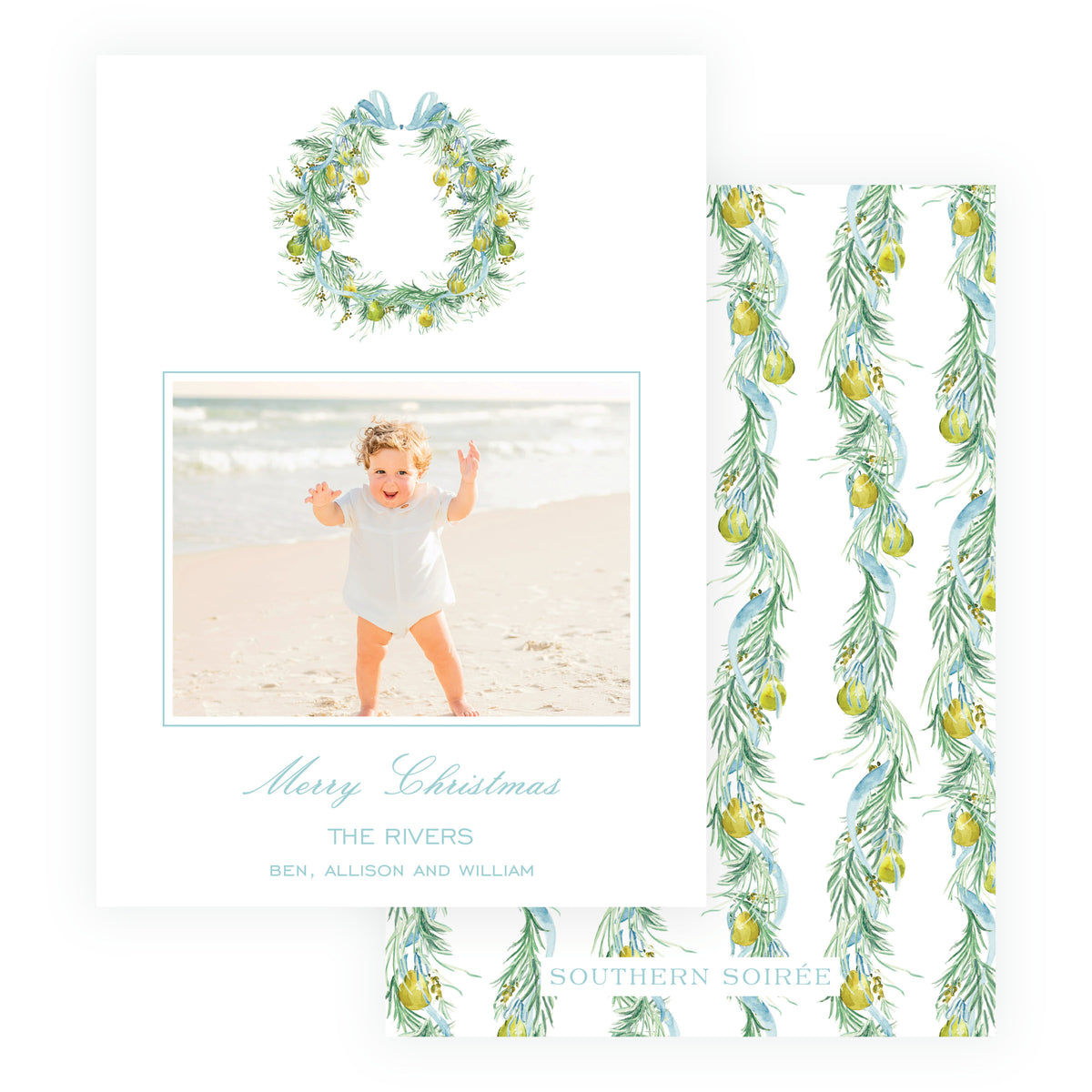 Evergreen and Pear wreath personalized Christmas photo card