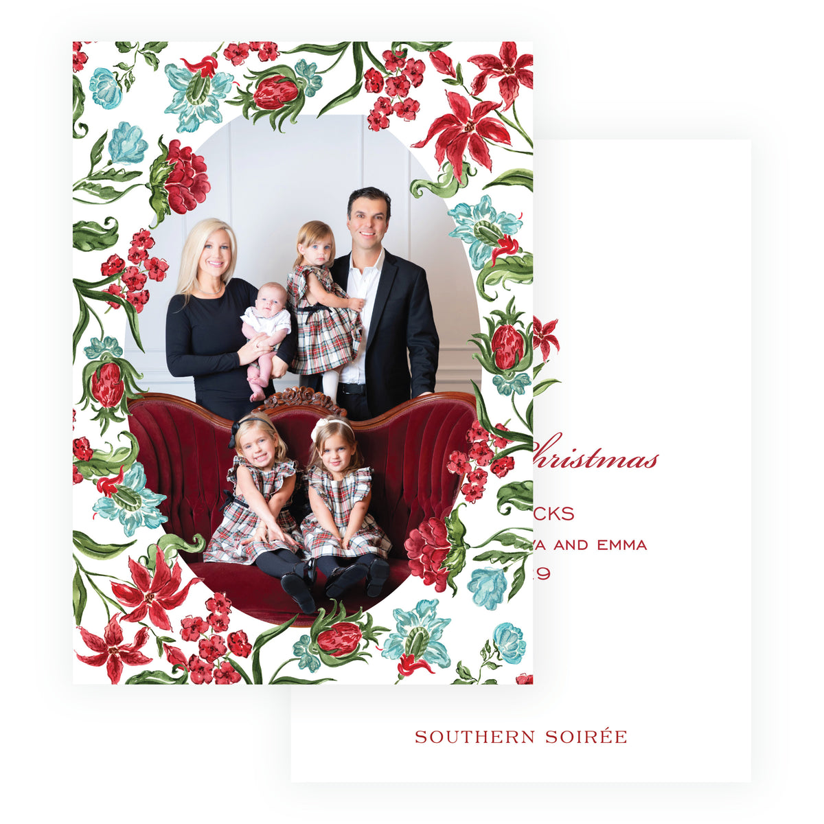 Oval family Christmas photo card surrounded by red and blue flowers