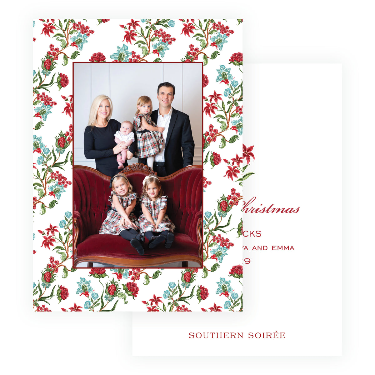 Holiday Chintz personalized Christmas photo card with watercolor florals