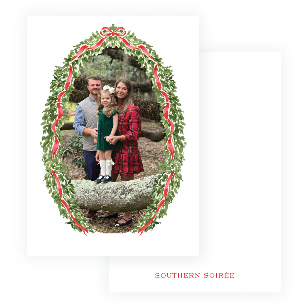Oval garland personalized Christmas photo card with watercolor greenery