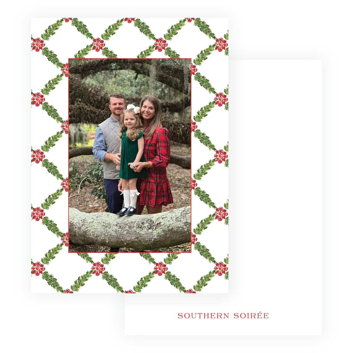 Decked in Garland family Christmas photo card with evergreen lattice