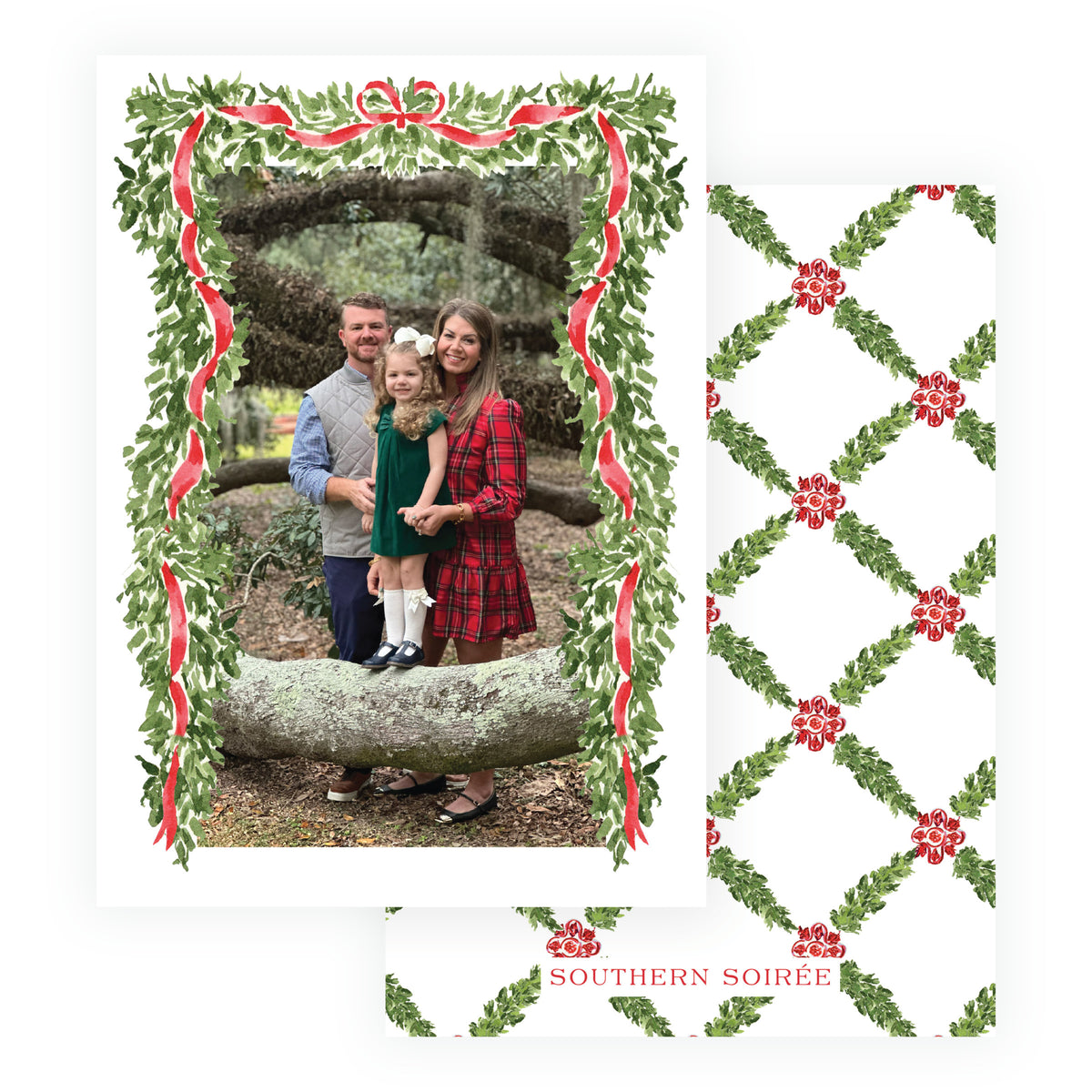 Full frame personalized Christmas photo card with watercolor evergreen garland