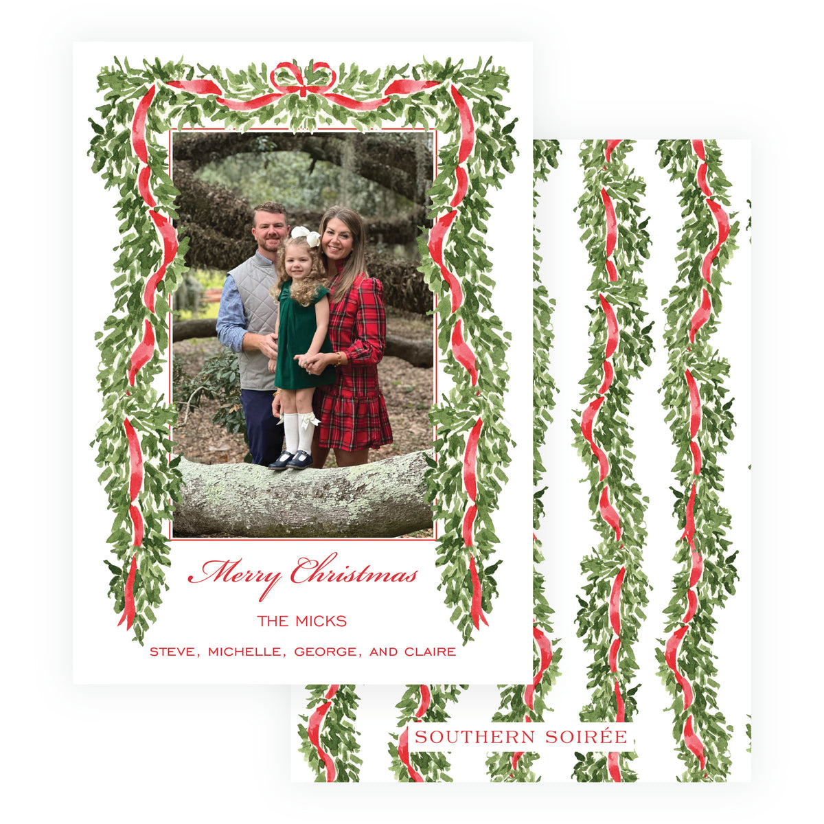 Personalized Christmas photo card with watercolor evergreen garland and red ribbon frame