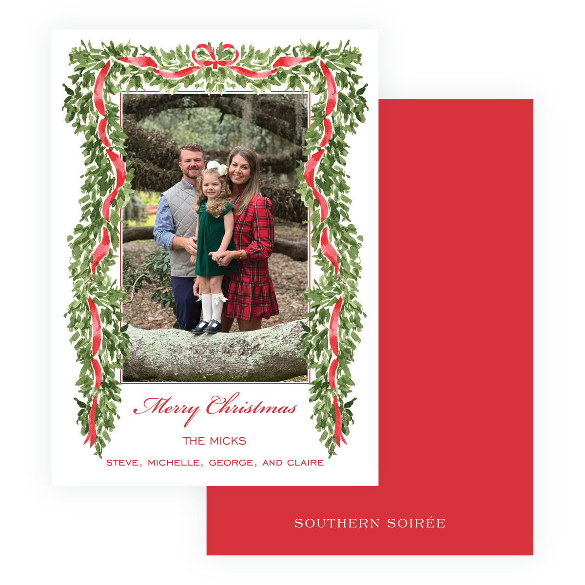 Decked in Garland family Christmas photo card with greenery and red bow