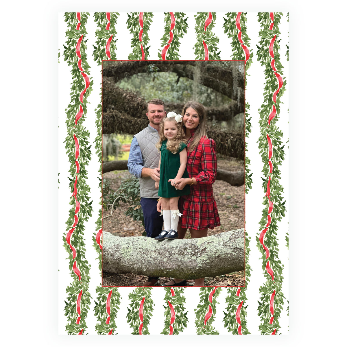 Watercolor greenery and red ribbon personalized holiday photo card