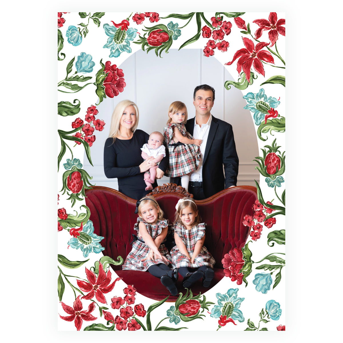 Watercolor botanical Christmas card with oval family photograph