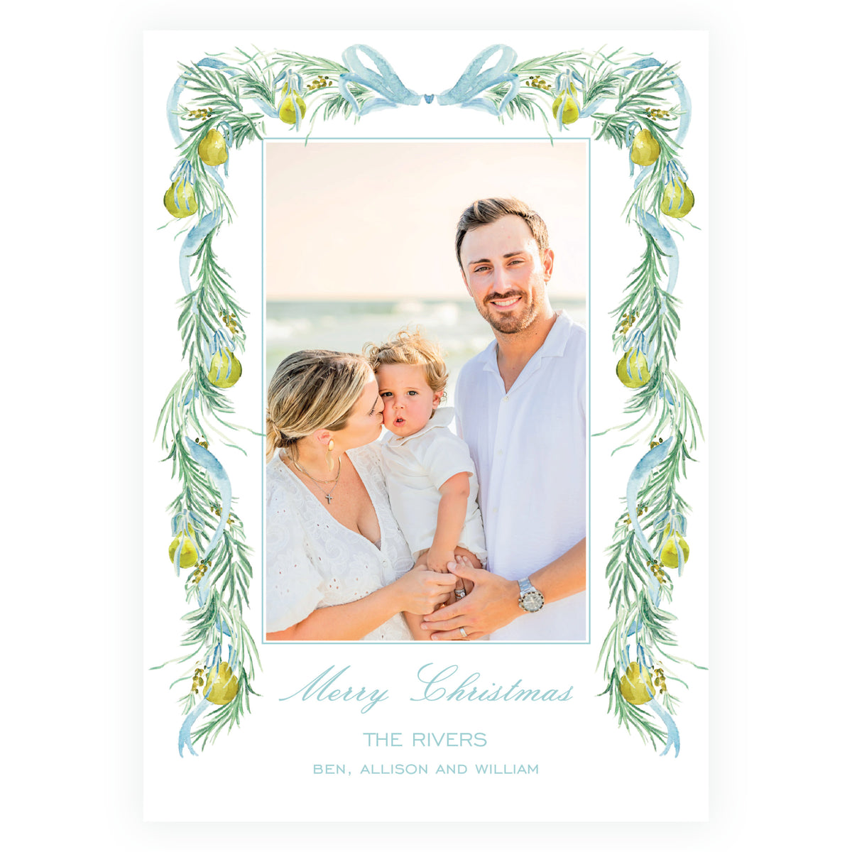 Merry Christmas personalized photo card with blue bow