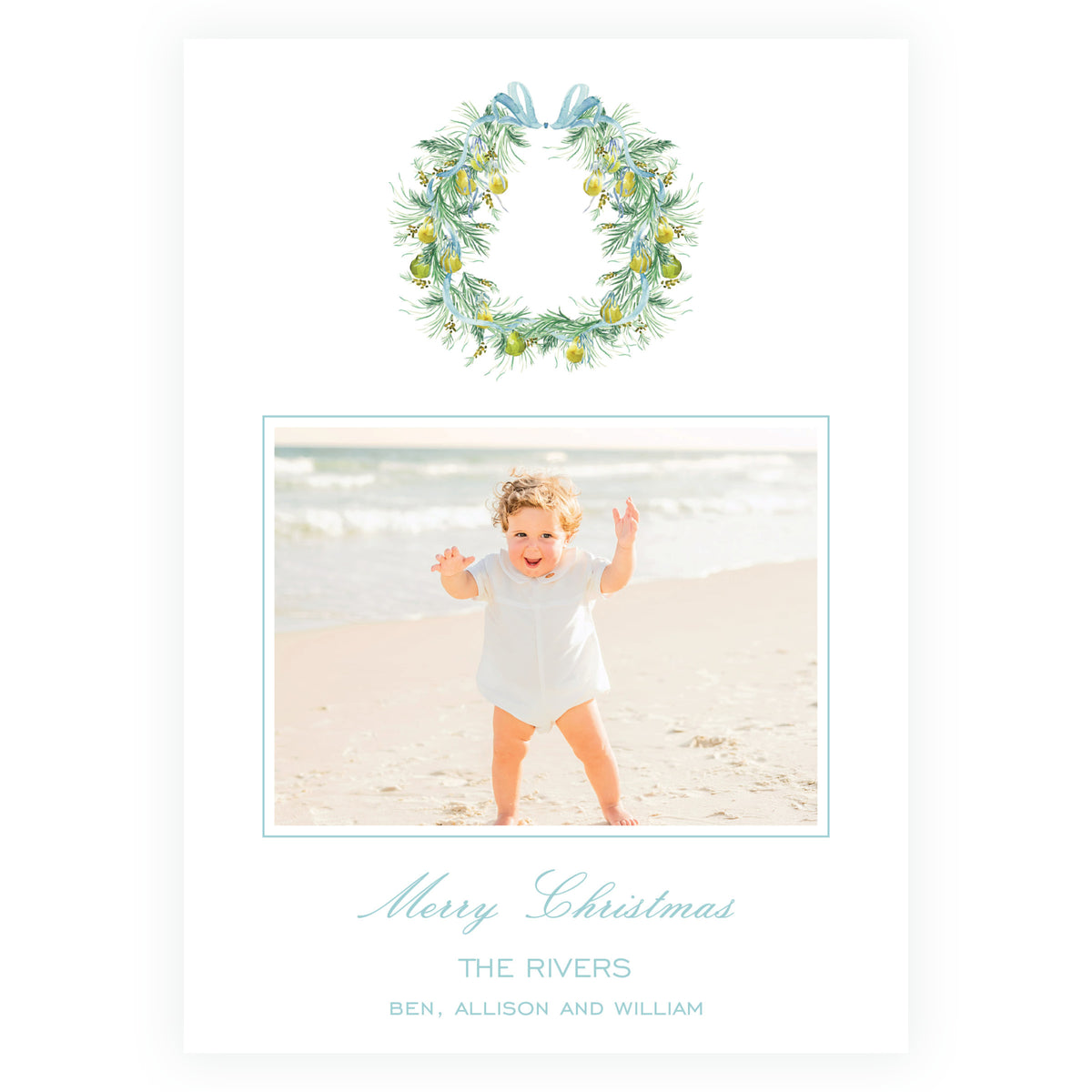 Blue ribbon and evergreen wreath personalized family Christmas card